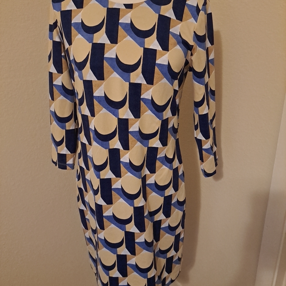 J. McLaughlin Dress Women Size M Catalina Cloth Geometric Print tan Blue Nylon